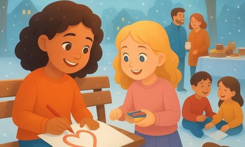 Una bambina di 8 anni, di nome Bianca, con capelli castani ricci e un sorriso radioso, è seduta su una panchina di legno, tenendo dei pastelli colorati. È gioiosa e concentrata, disegnando un grande abbraccio su un foglio. Accanto a lei, Teresa, una bambina di 8 anni con capelli biondi e ricci, guarda il disegno con meraviglia, tenendo una confezione di pastelli. Intorno a loro, altri bambini siedono in cerchio, ridendo e condividendo pastelli e fogli. La scena si svolge in una piazza del villaggio innevata, illuminata da ghirlande luminose colorate sospese tra gli alberi. Sullo sfondo, adulti sorridenti chiacchierano vicino a un grande tavolo pieno di dolci e cioccolate calde. L'atmosfera è calda e festosa, con fiocchi di neve che cadono dolcemente intorno ai personaggi.