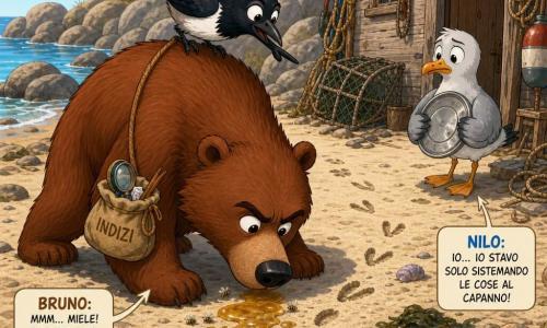 Bruno, un grande orso bruno dal pelo ramato, concentrato e determinato, annusa il suolo con il naso umido e tiene un sacchetto di tela con indizi; Gilda, una gazza nera dal piumaggio lucido e un piccolo fiocco blu sulla coda, è sull'ascella di Bruno e indica col becco una minuscola traccia brillante sulla sabbia; Nilo, un giovane gabbiano dal piumaggio grigio chiaro e sguardo nervoso, sta in disparte vicino a una baracca di legno tenendo un coperchio argentato ammaccato; la baia rocciosa ha canne e una striscia di sabbia chiara piena di impronte, alghe e conchiglie, e la scena ritrae una piccola indagine con una macchia appiccicosa di miele e il coperchio parzialmente sepolto, atmosfera luminosa e colori caldi.