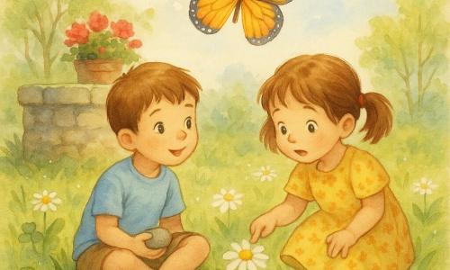 Ci sono tre soggetti: Luca, circa 6 anni, capelli castani corti, maglietta azzurro chiaro e pantaloncini kaki, seduto sull'erba a sinistra con una piccola pietra rotonda in mano; Mia, circa 5 anni, capelli castani a coppette, vestito giallo a fiori e sandali rossi, seduta a destra che indica una margherita; una grande farfalla colorata con ali arancioni e blu e macchie bianche vola dolcemente sopra i due bambini, leggermente in avanti. Luogo: un piccolo prato primaverile con erba verde, trifogli e margherite, gocce di rugiada, un vecchio pozzo di pietra a sinistra con gerani rossi e alberi con foglie giovani sullo sfondo, cielo azzurro con nuvole soffici. Situazione: i bambini esplorano il prato al sole del tardo pomeriggio, luce dorata, ombre morbide, espressioni meravigliate, attenzione al legame tra la mano di Luca, la margherita di Mia e la farfalla sopra, atmosfera calma e gioiosa.