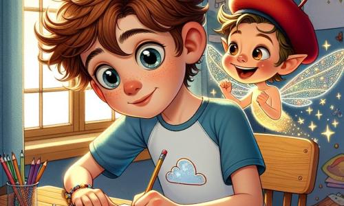 Un ragazzo di 10 anni, di nome Luca, con i capelli castani in disordine e occhi pieni di curiosità, è seduto a un tavolino di legno, concentrato a scrivere una lettera. Il suo viso esprime dolce eccitazione, indossa una maglietta blu con un disegno di nuvola e un pantaloncino di jeans. Accanto a lui, un piccolo folletto di nome Pippo, con un berretto rosso e ali scintillanti, fluttua nell'aria, sorridendo e gesticolando con entusiasmo per incoraggiare Luca. La scena si svolge nella camera di Luca, decorata con poster di pianeti e disegni di animali, con una finestra aperta che lascia entrare la luce del sole e stelle scintillanti. Sul tavolo, matite colorate e fogli di carta sono sparsi, creando un'atmosfera creativa e gioiosa. Luca, con uno sguardo determinato, scrive una lettera magica per sua mamma, mentre Pippo lo aiuta mostrandogli come far brillare le parole sulla pagina, creando un'atmosfera incantata piena di colori e luce.
