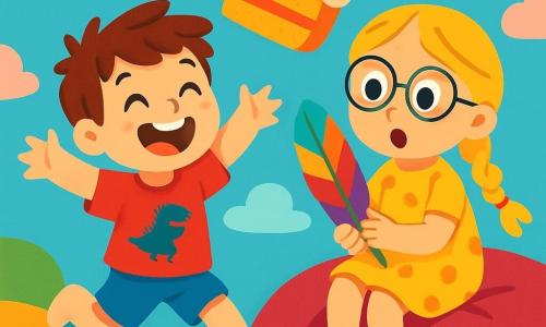 Ci sono 2 personaggi principali: - Luca: un ragazzo di 6 anni, con i capelli castani disordinati e gli occhi scintillanti. Indossa una maglietta rossa con un dinosauro e dei pantaloni corti blu. È in piedi, ridendo a crepapelle, con le braccia aperte, pronto a correre. - Martina: una ragazza di 6 anni, con lunghi capelli biondi intrecciati e occhiali tondi. Indossa un vestito giallo a pois e sandali rosa. È seduta su un cuscino gigante, con gli occhi sgranati per la sorpresa, tenendo in mano una penna colorata. La scena si svolge in un mondo fantastico pieno di cuscini giganti dai colori vivaci, torte volanti a forma di nuvole e anatre cantanti che fluttuano nell'aria. Il cielo è di un blu brillante, punteggiato da nuvole a forma di caramelle. La situazione principale mostra Luca e Martina che scoprono questo mondo magico dopo aver toccato una penna colorata. Ridono e si divertono, inseguendo un'enorme fetta di torta che vola via, mentre un'anatra canta gioiosamente accanto a loro.