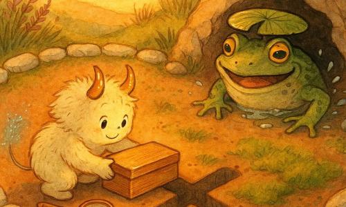 Lumi: piccolo essere soffice come una nuvola, due corna di rame lucenti, coda che emette piccole scintille blu, sguardo meravigliato e concentrato, accucciato mentre solleva una scatola di legno chiaro in una cavità a X; Sguaio: grossa rana verde dalla pelle bitorzoluta con un cappello di ninfea e sorriso malizioso, mezza fuori da una piccola grotta rocciosa vicino al bordo del buco, osserva la scena schizzando leggermente; collina: cerchio di pietre bianche e lisce, erica viola e ciuffi d'erba, terra bruno-rossastra con puntini dorati e muschio verde attorno alla X; luce: tramonto obliquo, calda luce dorata che proietta lunghe ombre e fa scintillare la scatola e una piccola lente di cristallo accanto; situazione: momento calmo e prezioso — Lumi scopre la scatola del tesoro sotto la luce giusta e la osserva con una lente mentre Sguaio veglia dall'ombra della grotta, atmosfera morbida e dettagliata con texture tattili (legno lucido, muschio soffice, pelle umida della rana); stile: inchiostro colorato, linee fini e lavaggi morbidi, palette calda aranciata e verdi profondi, contrasti delicati e texture tattili.