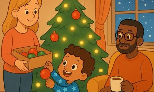 Un bambino di 3 anni, di nome Leo, con capelli castani ricci e occhi scintillanti, indossa un pigiama blu con motivi di stelle. È meravigliato, con un grande sorriso sul viso, mentre appende una pallina rossa brillante su un albero di Natale. La mamma di Leo, una donna di circa 30 anni con capelli biondi e un dolce sorriso, tiene una scatola di decorazioni e sta accanto a Leo, incoraggiandolo con tenerezza. Il papà di Leo, un uomo di circa 35 anni con una barba corta e occhiali, è seduto sul divano, tenendo una tazza di cioccolata calda, osservando la scena con uno sguardo benevolo. La scena si svolge in un salotto accogliente, decorato con ghirlande luminose e un grande albero di Natale scintillante. Il pavimento è coperto da un tappeto soffice e una finestra mostra fiocchi di neve che cadono dolcemente all'esterno. Leo, in punta di piedi, appende una pallina rossa su un ramo basso dell'albero, mentre le luci di Natale lampeggiano dolcemente intorno a lui, creando un'atmosfera magica e festiva.