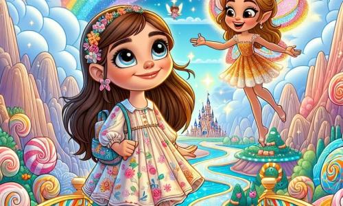 En el centro de la imagen, una niña de 8 años llamada Lila, con largos cabellos castaños y ojos brillantes de curiosidad, se encuentra en un puente colorido hecho de luz y arcoíris. Lleva un vestido ligero con motivos florales y una pequeña mochila llena de pasteles. Su rostro expresa gran determinación y alegría deslumbrante mientras observa con asombro el paisaje mágico que la rodea. A su lado, un pequeño ser feérico llamado Estrella, un hada con alas brillantes de todos los colores, vuela alegremente a su alrededor. Estrella tiene un rostro sonriente y cabello dorado, y parece animar a Lila con gestos entusiastas. Al fondo, el Reino de los Sueños se extiende a la vista, con montañas flotantes, ríos que brillan como diamantes y árboles de caramelo. El cielo es de un azul brillante, salpicado de nubes en forma de criaturas fantásticas. La escena principal muestra a Lila en el puente, lista para cruzar hacia el Reino de los Sueños, con una mirada decidida, mientras Estrella danza a su alrededor, iluminando la escena con una magia deslumbrante.