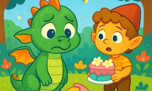 Lila, una pequeña dragona de escamas verdes brillantes y ojos llenos de curiosidad, está en el centro de la escena con una expresión de tristeza en su rostro. Mira su pastel fallido, volcado en el suelo, con migajas de crema de colores a su alrededor. A su derecha, Dodo, un pequeño duende de cabello rizado y piel dorada, observa a Lila con sorpresa y decepción, sosteniendo su propio pastel decorado con flores de azúcar. Él lleva un pantalón de terciopelo y una camisa a rayas, listo para compartir su felicidad. El escenario es un claro encantado, rodeado de árboles majestuosos con hojas brillantes y flores multicolores que bailan al viento. Luciérnagas iluminan el aire, creando una atmósfera mágica. La situación principal muestra a Lila, dudosa, frente a su mentira, preguntándose si debe confesar la verdad sobre su pastel y compartir su sentimiento de culpa con sus amigos.
