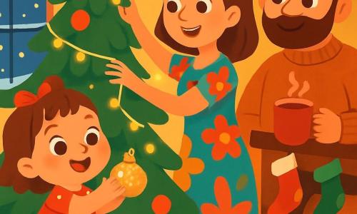 Een klein meisje van 2 jaar, Lina, met grote glanzende ogen en roze wangen, glimlacht vrolijk terwijl ze een glinsterende kerstbal in haar kleine handen vasthoudt. Ze draagt een rode jurk met witte stippen en gestreepte sokken. Naast haar past haar moeder, een vrouw van in de dertig met kastanjebruin haar en een warme glimlach, een lichtslinger aan de kerstboom. Ze is gekleed in een lichte, kleurrijke jurk. Een vader, een stevige man van in de dertig met een zachte baard en een wollen trui, staat bij de open haard met een kop warme chocolademelk en kijkt teder naar zijn dochter.

De scène speelt zich af in een gezellige woonkamer, versierd voor Kerstmis, met een grote verlichte kerstboom in het midden, glinsterende slingers en sokken die boven de open haard hangen. Buitenshuis vallen er zachtjes sneeuwvlokken, zichtbaar door een met sneeuw versierde raam.

Lina plaatst verwonderd de kerstbal voorzichtig op een tak van de boom, terwijl haar moeder en vader haar aanmoedigen met glimlachen. De sfeer is warm en feestelijk, vol vreugde en familiale liefde.