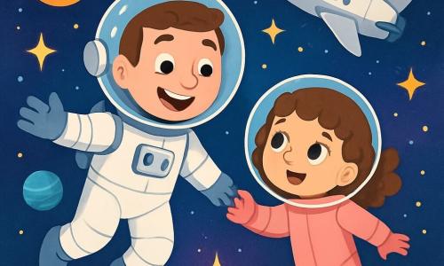 Un astronauta sorridente, con una tuta spaziale bianca brillante e un casco trasparente, fluttua gioiosamente nello spazio. I suoi occhi brillano di eccitazione e il suo ampio sorriso mostra la sua passione per l'esplorazione. Accanto a lui, una bambina di 7 anni, Sofia, con capelli ricci castani e occhi curiosi, osserva le stelle con meraviglia. Indossa una tuta spaziale rosa, un po' troppo grande per lei, e tende la mano verso Luca, come se volesse unirsi alla sua avventura. Sullo sfondo, un cielo stellato è pieno di pianeti colorati e scintillanti, con sfumature di blu, viola e oro. La navetta spaziale di Luca, argentata e futuristica, fluttua sullo sfondo, illuminata dalla luce delle stelle. La scena principale mostra Luca e Sofia che fluttuano insieme, ridendo e meravigliandosi della bellezza dello spazio, mentre stelle brillanti scintillano attorno a loro, creando un'atmosfera magica e piena di sogni.