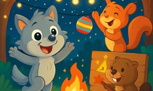Un pequeño lobo llamado Lupi, con pelaje gris y suave, grandes ojos brillantes y una sonrisa alegre, baila bajo un cielo estrellado, rodeado de guirnaldas luminosas. Está lleno de energía y felicidad, saltando con entusiasmo en medio de la fiesta. A su lado, una pequeña ardilla llamada Rina, con un pelaje rojo brillante y una cola esponjosa, ríe mientras cuelga linternas de colores en los árboles, su rostro radiante de alegría. Un castor llamado Bruno, con pelaje marrón y dientes visibles, está sentado cerca de un gran panel de madera, pintando un mensaje festivo con una expresión concentrada y feliz. La escena transcurre en un claro encantado del bosque, iluminado por luces centelleantes colgadas de las ramas de los árboles, con una gran fogata crepitante en el centro, rodeada de animales alegres. Lupi y sus amigos celebran juntos la víspera de Año Nuevo, en un ambiente festivo y cálido, lleno de risas y camaradería.