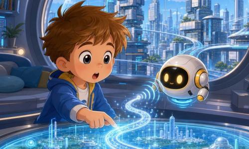 Milo, a 6-year-old boy with a round face, bright wide eyes and tousled light brown hair, stands by a panoramic window reaching toward a glowing holographic map while Pip, a small round white-and-yellow robot with warm light eyes, floats at his shoulder; a silver-and-pale-blue sinuous melody-line winds across the map as if calling Milo; they are in a modern apartment on the 42nd floor overlooking a futuristic city under a blue dome with stacked gleaming skyscrapers, transparent walkways and small flying vehicles, the scene bathed in blue and silver light conveying a gentle, reassuring sense of adventure focused on Milo's pointing hand and amazed face.
