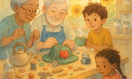 Mr. Maple, smiling and focused with soft grey hair and a bright blue apron stained with paint and flour, sews a red pocket onto a green fabric hat on a large wooden table; Mrs. Finch, about 60 with silver hair in a bun and round glasses, leans in from the left holding a large needle and red thread; Milo, ~7, tousled brown hair and curious eyes, stands to the right showing a small steaming cup of soup to the hat; Tia, ~6, braided hair and a polka-dot dress, crouches in front sticking a yellow sticker on a flashlight; a round toy robot with a repaired wheel rolls nearby; the kitchen-workshop features a light wooden table strewn with buttons, spools, small boards, a steaming teapot, glass jars, and a window showing a sunflower garden at sunset; main scene: a joyful test of the 