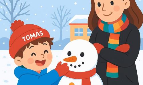 Um menino de 4 anos, chamado Tomás, com cabelos castanhos bagunçados e bochechas rosadas, sorri alegremente enquanto segura um boneco de neve de algodão em suas pequenas mãos. Ele veste um casaco azul vibrante, um gorro vermelho com um pompom e luvas vermelhas, que contrastam com o branco brilhante da neve. Ao lado dele, sua mãe, uma mulher de cerca de 30 anos, com longos cabelos castanhos e um sorriso caloroso, o observa com orgulho, vestida com um casaco preto e um cachecol colorido. Ela está ligeiramente atrás, com os braços cruzados, admirando o boneco de neve que seu filho criou. O cenário é um pátio escolar coberto de neve, cercado por árvores despidas com galhos cintilantes sob um céu cinza claro. Flocos de neve caem suavemente, adicionando um toque mágico à atmosfera invernal. A cena principal mostra Tomás, cheio de alegria e excitação, decorando seu boneco de neve com pedaços de cenoura e botões coloridos, enquanto sua mãe o encoraja com um olhar carinhoso.