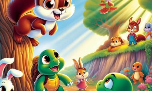 An illustration depicts a small squirrel, a mischievous boy with brown fur and a bushy tail, showing an expression of excitement mixed with concern. He stands on a tree branch, eyes bright, looking down at a group of friends. An adorable rabbit, a girl with large ears and white fur, stands beside an old oak, her face radiating curiosity and friendship as she smiles encouragingly at the squirrel. A wise turtle, a boy with a green shell and gentle eyes, sits on the ground, looking thoughtful as he contemplates the situation. A small bird, a boy with colorful feathers, flies around them, singing joyfully, his face expressing happiness and enthusiasm. The main setting is a hidden glade in a lush garden, surrounded by vibrant flowers and majestic trees, with sunlight filtering through the leaves, creating a magical and welcoming atmosphere. The main situation shows the squirrel hesitating to share his secret with his friends, while they encourage him to open his heart and reveal the beauty of their shared discovery. Other graphic elements include acorns falling from trees, colorful berries scattered on the ground, and golden light illuminating the scene, adding warmth and magic to this moment of friendship and sharing.