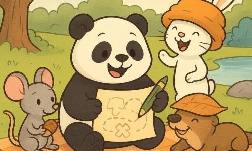 Pip the panda (main character) is joyful and cuddly, round and plush with bold black-and-white fur, holding a large sheet with a map drawing and a big green crayon, sitting in the center of a checkered blanket; Mila the mouse (secondary) is small, grey with big pink ears, smiling and curious, seated to Pip’s left looking at the map and holding half of a shiny acorn; Otto the otter (secondary) is playful and laughing, long sleek body lying on his stomach to Pip’s right with his head on his paws and a leaf on his nose; Bree the rabbit (secondary) is bouncy and excited, white fur and long ears, wearing an oversized fluffy hat and standing behind Pip laughing. They’re in a grassy clearing by a mirror-like pond with a large leafy tree, a smooth rock by the water and a nearby blue bush; the blanket lies on green grass dotted with small flowers. The friends sit together sharing a small treasure (an acorn with a ribbon opened and crunchy seeds), surrounded by funny hats and an open wooden box, warm atmosphere, soft colors, round shapes and simple, readable expressions for children.