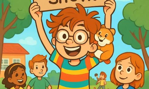 A 12-year-old boy, Sammy Butterbean, with messy hair and round glasses, has a wide smile of excitement. He wears a brightly colored striped t-shirt and mismatched socks, one red and the other green, while holding a cardboard sign that says 