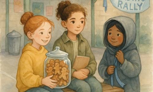 Three girls stand on a worn wooden bench under a shaded school canopy with a green metal roof: Nina, ~12, curly brown hair in a ponytail, khaki jacket and notebook, center, looking at a large glass jar of ginger biscuits with a serene, determined expression; Zara, ~12, red hair in a bun, bright yellow sweatshirt, left, holding the jar carefully with both hands and a mischievous smile; Tessa, ~11, black hair under a grey hood, right, blue ribbon in hand, shy and relieved; the concrete floor has a wide white line and crumbs, colorful posters and a metal bin on the wall, a blue “Reading Rally” banner with a fresh blue ribbon tied to it, the mood is one of repair, relief and camaraderie with soft watercolor lighting and white-pen highlights on glass and clothing.