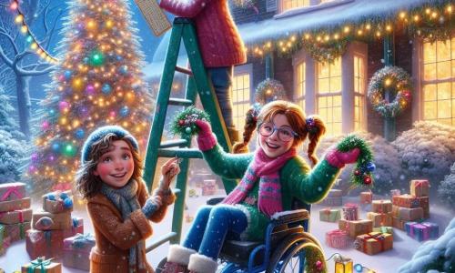 Three joyful girls stand in Mr. Hargrove's snowy garden, surrounded by twinkling lights. Emily, a 10-year-old with curly brown hair and a big smile, is perched on a ladder hanging lights on the roof. Next to her, Lucy, also 10, with blonde hair in braids, laughs while holding a box of colorful decorations. Finally, Mia, a 10-year-old with brown hair and glasses, sits in her blue wheelchair decorated with bells, holding a guest list and enthusiastically directing the operations. The garden is a winter wonderland, featuring a large tree adorned with shiny ornaments and garlands, while snowflakes gently fall from the sky. Mr. Hargrove's house, lit by multicolored lights, exudes a warm and festive atmosphere. The girls are preparing a Christmas surprise for Mr. Hargrove, transforming his garden into a dazzling display of joy and magic, all while laughing and having fun together.