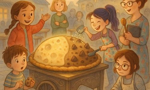 Six characters on a narrow cobblestone village square at dusk with colorful banners and wooden tables: Amelia, 12, light brown hair in a braid, bright red jacket, standing left of a giant round cookie-pie on a small decorated wooden cart, right hand raised in a presenting gesture, determined smile; Sophie, 12, short brown hair, round glasses, flour-stained smock, crouched in front holding a giant spatula, focused; Lily, 12, long purple ponytail, polka-dot apron, sprinkling edible glitter and chips on the right side, laughing; Chloe, 12, blond bob, olive-green sweater, arms crossed thoughtfully behind the cart, smiling proudly; Max, 7, tousled hair, striped tee, holding a small cookie and staring wide-eyed at the giant pie in front left; Mrs. Pepperidge, about 45, floral dress and stylish glasses, holding a notebook and a wooden ladle like a judge's whistle, standing right and smiling in amazement. The centerpiece is an enormous round cookie-pie on the cart, half golden, half cratered, piled with chocolate-chip "mountains" and moon-like icing; the children present it to the judges while an amused crowd watches, warm evening light casting long shadows and golden highlights on the cobbles.