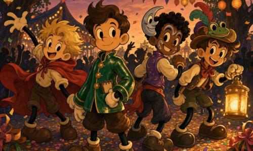 Four 9‑year-old boys stand at the edge of a wooden stage in a twilight carnival park: a calm brown‑haired boy in a shiny green jacket holding a small notebook center front, a blond boy with a red cape left of him looking excited, a dark‑skinned curly‑haired boy with silver face paint and a moon mask hanging behind his head to the right smiling mischievously, and a chestnut‑haired boy slightly forward right wearing a feathered hat and frog mask holding a glowing golden lantern; they sing the troupe’s name as confetti flies, a silhouetted crowd applauds, and warm saturated colors (gold, red, green, violet) and soft lantern reflections light their faces.