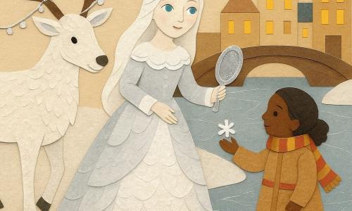 The Snow Queen (from Hans Christian Andersen) watches with gentle curiosity; pale face, bright icy blue eyes, layered white-and-silver paper-appliqué gown, thin crown of cut snowflakes; she holds a polished mirror shard in one hand and reaches out with the other as if offering a flake. To her left stands Swift, a white reindeer with textured layered-paper fur, antlers draped in silver garlands, calm expression, lifting a foreleg as if about to step. To her right is Still, a shyer reindeer with lowered head, soft black-button eyes and a glued red paper harness, gazing toward the distant town. On the bridge in the background a small girl of about eight in a kraft-paper coat and striped scarf shyly smiles and tosses a tiny paper flake toward the queen. The setting is the entrance to a modern town by a frozen river: geometric paper-cut houses with yellow windows, a brown paper bridge, and a metallic-paper river cracked with white chalk-like fissures. The scene is calm and luminous, centered on the queen offering the mirror and the girl reaching out, with contrasts of textures (silver metal, kraft paper, delicate flakes).