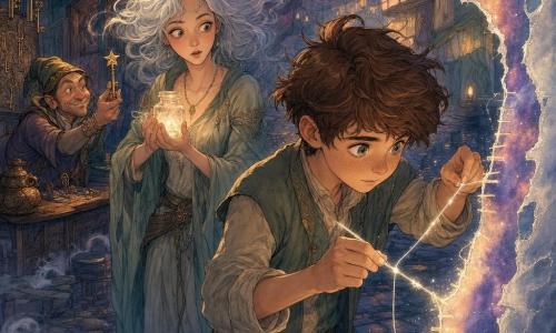 The main character is a nine-year-old apprentice sorcerer with a round, freckled face, large focused eyes and messy brown hair; he leans forward, sleeves rolled, sewing a shimmering stitch of light into a visible tear in the air with a glowing needle, determined and slightly nervous. The Mist Spinner is a tall woman with silver-mist hair and pale skin, standing beside him, holding a small glowing jar of 