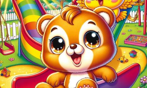 En primer plano, un pequeño oso de peluche llamado Osito, con un suave pelaje marrón y ojos brillantes de curiosidad, está subiendo por un gran tobogán colorido, mostrando una amplia sonrisa de emoción. A su lado, un pájaro alegre llamado Piolín, con plumas amarillas brillantes y un pequeño pico naranja, vuela en círculos alrededor de Osito, con ojos brillantes de felicidad, animando a su amigo a deslizarse. El lugar es un parque de juegos soleado, lleno de colores vivos: columpios rojos, un arenero dorado y flores multicolores que bordean los senderos. En el fondo, niños ríen y juegan, creando una atmósfera alegre y animada. La situación principal muestra a Osito y Piolín listos para vivir una gran aventura, mientras descubren un cofre escondido detrás del tobogán, lleno de tesoros brillantes, con rayos de sol iluminando su descubrimiento.