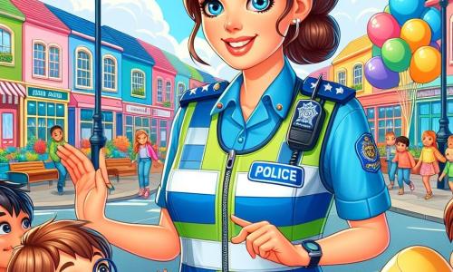 Uma policial, na casa dos trinta anos, com cabelo castanho preso em um coque, veste um uniforme azul vibrante e um colete refletivo. Ela tem um sorriso caloroso e olhos brilhantes de determinação, enquanto explica calmamente as regras de segurança no trânsito a um grupo de crianças. Entre as crianças, um menino de 8 anos, com uma camiseta vermelha e óculos, levanta a mão com entusiasmo, pronto para responder. Uma menina de 7 anos, usando um bonito chapéu amarelo, escuta atentamente, com os olhos bem abertos, fascinada pelas histórias da policial. A cena ocorre em uma praça movimentada, cercada por prédios coloridos, com uma grande árvore no centro e bancos onde famílias descansam. Balões flutuam no ar, e um pequeno palco está montado para um show de música. A policial ensina as crianças a atravessar a rua com segurança, usando gestos claros e sorrisos, enquanto as crianças se divertem imitando seus movimentos, criando uma atmosfera alegre e educativa.