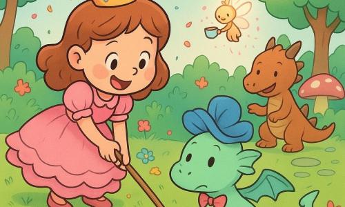 A princesa Lila, alegre e travessa, usa uma pequena coroa brilhante, um vestido rosa de babados e segura um bastão longo para alcançar o chapéu; ela tem bochechas redondas, olhos grandes e um confete na coroa. O pequeno dragão Pingo, cor menta, redondo e fofo, com gravata torta e chapéu de flor, está ajoelhado à beira do lago batendo as asas e mostrando seu chapéu caído na água. O dragão Chá-Chá, maior e cor de pão de gengibre, empurra um carrinho de xícaras de chá ao fundo à esquerda, parecendo um pouco apressado mas gentil. A fada Pó-Pó, minúscula e luminosa, paira acima deixando faíscas rosas e segura um pequeno bule fumegante. O cenário é uma clareira encantada com um lago espelhado, árvores com folhas em forma de coração, relva verde com flores coloridas, pedras brilhantes no caminho, cogumelos gigantes e uma mesa de piquenique em forma de cogumelo ao longe. A situação principal: a princesa ajuda Pingo a recuperar seu chapéu no lago enquanto confetes coloridos flutuam no ar; atmosfera alegre, cores pastel vivas, traços arredondados e texturas suaves, expressão de amizade e responsabilidade.