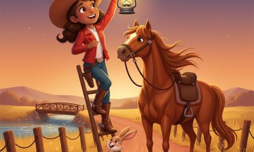 Annie is a smiling, proud cowgirl with a sun-freckled face, bright eyes, wide brown hat, red leather jacket and shiny boots, climbing a small wooden ladder to hang and light a lantern; Daisy, a tall glossy chestnut mare with a flowing mane, stands patiently beside her with a simple saddle and worn straps; Benny, a small round beige male rabbit with long upright ears, holds a wooden post and smiles at the ladder foot near Annie’s boots; a dusty red dirt road lined with tall yellow grass and old wooden posts, a small log bridge crosses a sparkling river in the background; twilight sky in orange and purple with early stars and warm lantern light casting golden halos and long shadows, creating a gentle, reassuring, calm heroic scene.