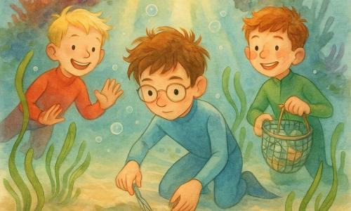 Drei 9-jährige Jungen—Mats, Ben und Oskar—helfen in einer kleinen Unterwasserbucht bei einem bunten Korallenbogen einer kleinen Meeresschildkröte; Mats schneidet vorsichtig eine Leine von der Flosse, Ben beruhigt die Schildkröte mit sanften Gesten, Oskar hält ein Netz mit gesammelten Plastikabfällen, während Seegras, hell gestreifter Sand, goldenes Sonnenlicht und aufsteigende Blasen die Szene beleben und ein pastellfarbenes Seepferdchen vom Korallenbogen aus zusieht.