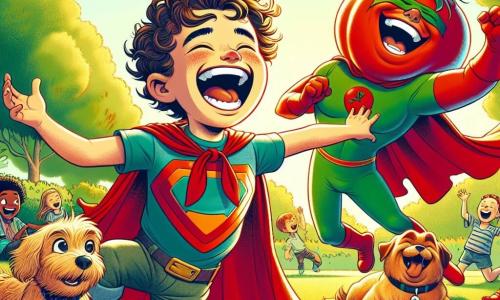 Um garoto chamado Zeca, com cerca de 8 anos, cabelos cacheados e um grande sorriso, veste um traje de super-herói colorido, com uma capa vermelha esvoaçante. Ele ri alto, de braços abertos, pronto para fazer palhaçadas com um grupo de amigos. Ao seu lado, seu fiel cachorro Pipoca, um pequeno cão de pelos dourados, pula alegremente, com a língua de fora, pronto para latir de felicidade. Um pouco mais adiante, aparece o Super-Tomate, um homem de cerca de 30 anos, com uma grande cabeça de tomate e um traje verde, que ri enquanto tenta limpar o suco de tomate que respingou em seu rosto. O cenário é um parque ensolarado, cheio de árvores verdes e flores coloridas, com crianças brincando ao fundo. Zeca e Pipoca estão cercados de risos e alegria, enquanto o Super-Tomate lida com seu próprio desastre cômico. A cena transmite uma atmosfera de felicidade e camaradagem, repleta de cores vibrantes e sorrisos brilhantes.