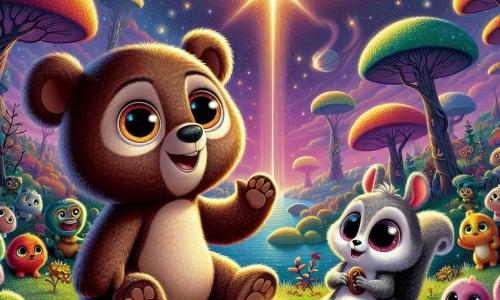 Bruno, un orso di peluche dai morbidi peli marroni e con grandi occhi tondi e curiosi, osserva meravigliato una luce magica che brilla sopra di lui, con le zampe alzate in segno di stupore. Accanto a lui, Pippo, un piccolo scoiattolo dagli occhi scintillanti e con il pelo grigio, sorride con entusiasmo, tenendo un piccolo strumento musicale tra le zampe, pronto a suonare una melodia gioiosa. Sullo sfondo, i Fluffi, piccole creature pelose dai colori vivaci, saltellano felici intorno a loro, con gli occhi brillanti di entusiasmo. Il paesaggio è incantevole, con alberi dalle forme strane, fiori multicolori che danzano al vento e un cielo stellato pieno di pianeti scintillanti. La scena principale mostra Bruno e Pippo, circondati dai loro nuovi amici, pronti ad affrontare il Drago delle Stelle per recuperare la Luce Magica, illuminando il mondo con un bagliore splendente.