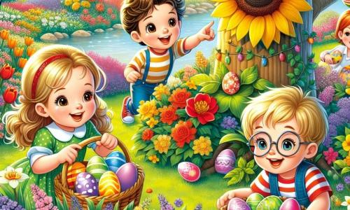 In un giardino soleggiato, quattro bambini sono riuniti per una caccia alle uova di Pasqua. Marco, un ragazzo di quattro anni con capelli castani e occhi scintillanti, tiene un grande cesto pieno di uova colorate. Accanto a lui, Giulia, una bambina con capelli biondi e due trecce, sorride indicando un grande girasole. Luca, un ragazzo con capelli castani e occhiali rotondi, è accucciato mentre cerca sotto un fiore. Infine, Sara, una bambina con capelli rossi e trecce, danza allegramente intorno a loro, tenendo un uovo di cioccolato. Il giardino è pieno di fiori vivaci: tulipani rossi, narcisi gialli e violette. Un grande albero con foglie verdi si erge al centro, mentre un piccolo stagno scintilla sullo sfondo, dove le rane saltano allegramente. I bambini sono in azione, cercando uova nascoste tra i fiori, ridendo e incoraggiandosi a vicenda in questa magica avventura pasquale.
