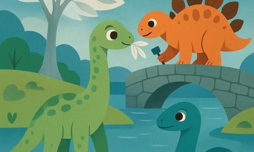 A young diplodocus named Dapple, with a long sinuous neck and pale moss-speckled green skin, looks wide-eyed and gentle as he reaches to taste a silvery moon-moss leaf; he stands on a tiny raft of light with a woven leaf pouch hanging from a low branch and his long tail curving behind him. A stocky stegosaurus named Bristle, with pink-and-brown plates, smiles and encourages him from a recently built stone bridge while holding a small builder’s tool. A plesiosaur named Willow rises quietly from the calm lake, smooth blue-green body and polished wooden eyes, making small luminous ripples around Dapple’s raft, appearing wise and kind. The scene is a small island in the mirror-blue lake Murmurmere, with silver-reflecting water, ribboned mist, shiny round pebbles, and a large glittering silver tree with pale lantern-like leaves; the mood is soft, warm, suffused with silvery light and pastel colors (calm blues, tender greens, touches of silver).