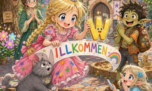 Prinzessin Lilli, lächelnd und entschlossen, mit blonden Zöpfen und leicht schief sitzender silberner Krone, in einem rosa Rüschenkleid mit Farbflecken, hält ein großes weißes Band mit der Aufschrift WILLKOMMEN und hebt vorsichtig den noch zappelnden, glänzenden Buchstaben W; der königliche Kater Mopsi, ein kompakter grauer Samtpelz, sitzt auf ihrem Schuh und blickt mit neugierigen runden Augen und zusammengezogenen Schnurrhaaren auf das W; Lehrerin Frau Funkelfeder (ca. 40), mit funkelnder Brille und grünem Kleid, steht links im Hintergrund, lächelt sanft und beobachtet; rechts applaudierender Trolljunge (ca. 7) mit zerzaustem Haar, hellgrüner Haut und lustigem Rucksack nahe einem Sandkasten; ein Elfmädchen (ca. 6) mit spitzen Ohren und himmelblauem Kleid hält Kreide und hat ein großes Herz auf den Boden gemalt, auf dem das W ruht; Schauplatz: ein verzauberter, farbenfroher Schulhof mit gepflastertem Boden und Regenbogenkreidezeichnungen, einer singenden Holzschaukel, einem lachenden Baumstamm links, leuchtenden Blumen, Papiergirlanden und einem Mini-Regenbogen auf dem Banner; fröhlicher, leichter Moment, in dem die Prinzessin den lebendigen Buchstaben W zurückholt, um das Willkommensband anzubringen, alle Figuren strahlen Verbundenheit, helle Stimmung, weiche Texturen, satte Farben und ausdrucksstarke, mangaartige, übertriebene Gesten und Mimik.