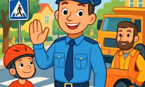 Un polițist zâmbitor, un bărbat de aproximativ 30 de ani cu o șapcă albastră și un uniform bine călcat, se află în centrul imaginii, ridicând o mână prietenoasă pentru a dirija circulația. Fața lui radiază încredere și bunătate, cu ochi strălucitori de bucurie. La dreapta lui, un băiat de 8 ani, purtând un tricou roșu și o cască de bicicletă, îl privește pe polițist cu admirație, pregătit să traverseze strada în siguranță. La stânga lui, un bărbat de vârstă mijlocie, cu barbă brună și o vestă de lucru, așteaptă răbdător lângă un camion de construcție, zâmbind și recunoscător față de polițist. Locul este o stradă aglomerată, mărginită de copaci verzi și clădiri colorate, cu un parc în fundal unde copiii se joacă. Situația principală arată polițistul ghidând copiii și adulții printr-o intersecție aglomerată, creând un moment de siguranță și camaraderie într-o zi însorită.