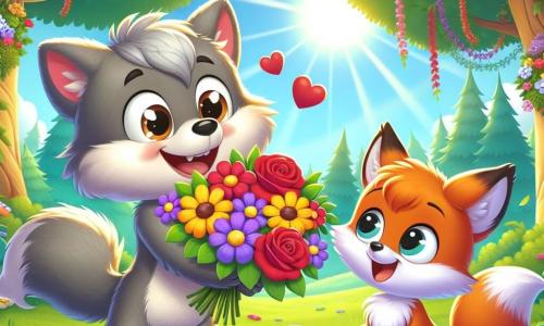 Ilustración que representa a un pequeño lobo con un pelaje suave y gris, ojos chispeantes de alegría y una gran sonrisa. Sostiene un bonito ramo de flores coloridas con pétalos rojos, amarillos y violetas, mientras mira emocionado a un amigo. Junto a él, un pequeño zorro de pelaje naranja brillante y ojos traviesos, que sonríe ampliamente, está listo para recibir el regalo. Se sienta en la hierba, rodeado de hojas verdes y flores, mostrando una expresión de sorpresa y felicidad. El lugar principal es un claro soleado en el Bosque de los Sueños, con majestuosos árboles de troncos gruesos, rayos de sol filtrándose a través de las hojas y flores multicolores que bailan al viento. La situación principal de la historia muestra al pequeño lobo ofreciendo su regalo de San Valentín a su amigo, el pequeño zorro, en un ambiente alegre y festivo, lleno de amor y amistad. Otros elementos gráficos incluyen corazones flotantes alrededor de los personajes, guirnaldas de flores colgando de las ramas de los árboles y pájaros coloridos cantando en el cielo azul, creando una atmósfera mágica y cálida.
