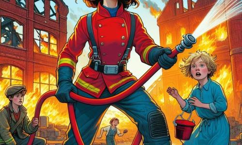 In primo piano, una coraggiosa pompiera di nome Sara, una donna di circa trent'anni con capelli castani raccolti in uno chignon, indossa una uniforme rosso vivo e un casco nero. Il suo volto esprime determinazione e gioia mentre utilizza un tubo antincendio per spegnere le fiamme, proiettando acqua con forza. Accanto a lei, un ragazzo di 8 anni con capelli biondi arruffati guarda con ammirazione, gli occhi spalancati per la fascinazione. Indossa una maglietta blu e pantaloni corti, tenendo un piccolo secchio d'acqua, pronto ad aiutarla. Più in là, una ragazza di 7 anni con capelli ricci e un vestito giallo applaude e sorride, meravigliata dal coraggio di Sara. La scena si svolge davanti a una vecchia fabbrica di ceramiche, con muri di mattoni rossi e finestre rotte, circondata da fumi neri che si alzano verso il cielo blu. Alberi verdi circondano l'edificio, in contrasto con l'urgenza della situazione. La situazione principale mostra Sara, la pompiera, in azione mentre combatte un incendio con l'aiuto dei bambini, che si divertono imparando l'importanza del lavoro di squadra e del coraggio.