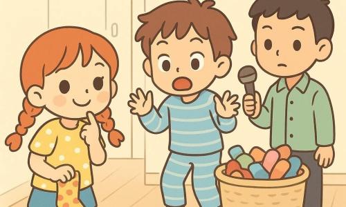 Bambina di 10 anni, gioiosa e maliziosa, capelli rossi in due trecce, occhi grandi, con t-shirt gialla a pois che tiene un calzino a pois come una piccola detective; fratello di 8 anni, birichino e sorpreso, capelli castani arruffati, in pigiama a righe blu vicino a un cesto della biancheria pieno di calzini, fa una smorfia mostrando impronte di farina; fratello di 12 anni, serio e finto professorale, capelli neri corti, con camicia verde e un 