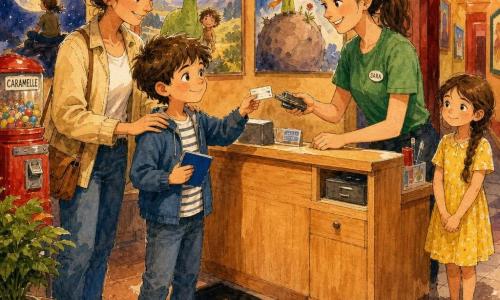 Bambino di 8 anni, volto rotondo, capelli castani corti e arruffati, espressione concentrata e fiera, tiene un piccolo taccuino blu in una mano e mostra un biglietto bianco con l’altra; bambina di circa 7 anni (Elisa), capelli castani in lunga treccia, vestito giallo, sguardo timido ma sorridente, vicino al corridoio dei servizi con le mani giunte; mamma intorno ai 35 anni, capelli raccolti, giacca leggera, sguardo sollevato e riconoscente, dietro il bambino con la mano sulla sua spalla; giovane addetta (Sara) di circa 22 anni, maglietta verde e badge, sorride tenendo una pinza, alla porta della sala vicino al bancone; interno di un piccolo cinema di quartiere con bancone in legno chiaro, locandine colorate, distributore di caramelle rosso, tappeto nero con scritta “LUCCIOLA” e pianta finta; luce calda, ombre morbide, texture d’inchiostro con lavaggi ad acquerello; scena principale: il bambino mostra il biglietto ritrovato davanti al bancone, la mamma e Sara lo guardano contente, Elisa osserva orgogliosa dal corridoio, atmosfera di collaborazione e gentilezza.