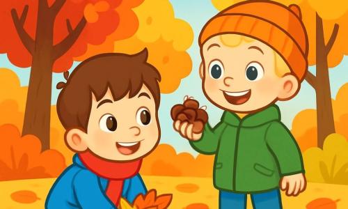 Ci sono 2 personaggi principali: Marco, un ragazzo di 5 anni con capelli castani e occhi vivaci, indossa un cappotto blu brillante e una sciarpa rossa, inginocchiato a raccogliere foglie colorate. Luca, un ragazzo di 5 anni con capelli biondi e occhi chiari, indossa un cappotto verde e un berretto arancione, in piedi accanto a Marco con un sorriso grande e una manciata di ghiande. La scena si svolge in un parco autunnale, con alberi maestosi dalle foglie rosse, arancioni e gialle, e un cielo blu brillante illuminato da un dolce sole d'autunno. Marco e Luca scoprono tesori della natura, ridendo e meravigliandosi della bellezza dell'autunno.