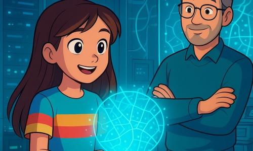 A 12-year-old girl, Luna, with long brown hair and sparkling curious eyes, stands in the center of a futuristic room, her face illuminated by a soft blue light emanating from a mysterious device she holds in her hands. She wears a colorful t-shirt and jeans, her expression both amazed and determined. Next to her, her father, a man in his 40s with glasses and graying hair, watches with a mix of admiration and pride, standing slightly back with his arms crossed in front of a large holographic screen projecting a map of the city. The setting is a vast underground chamber filled with glowing servers and futuristic consoles, with transparent glass walls revealing bright cables and sparkling screens. Shelves are loaded with old technological devices from a bygone era. The main scene shows Luna, fascinated, activating the device that projects a hologram of the city map, lit up with bright points, while her father encourages her with a smile, creating an atmosphere of exploration and discovery.