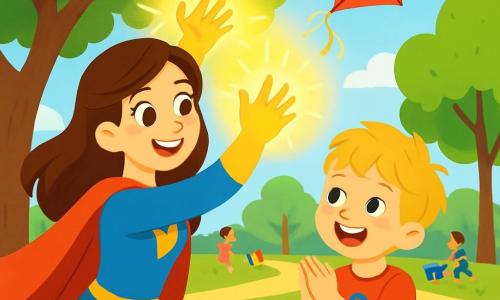A heroic woman, Maya, with long brown hair and sparkling eyes, joyfully smiles while raising her glowing hands to help a small boy. The boy, about 6 years old, has messy blonde hair and wears a red t-shirt with a superhero design. He looks at Maya with admiration, standing next to a small park filled with colorful flowers. The setting is a sunny park, with vibrant green trees and a blue sky dotted with fluffy white clouds. In the background, children play with colorful toys. The main scene shows Maya using her soft light to free a small kite stuck in the branches of a tree, while the boy claps with a big smile, amazed by her heroism.