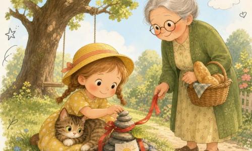 A 4-year-old girl with a round face, rosy cheeks and light brown hair in two small braids, wearing a yellow hat and a polka-dot dress, sits on a grassy hill carefully stacking flat stones into a small cairn; Pip, a small tabby cat with bright green eyes and a curled tail, lies on her lap watching the stones, while Mrs. Green, about 60 with gray hair in a bun, round glasses and a warm smile, stands nearby holding a bread basket and touching a red ribbon; they are in a sunny garden at the foot of a large oak with a green lawn dotted with blue flowers and daisies, a gravel path, a rope swing and a patch of shiny pebbles, creating a calm, warm scene where the secret cairn is adorned with a fluttering red ribbon, a leaf and a tiny note with a drawn sun, with soft textures and childlike doodles.