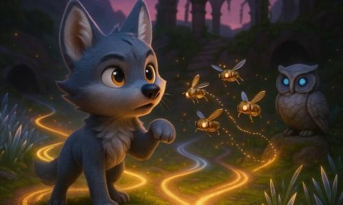 Nova, a small anthropomorphic wolf with silver ears, soft blue-gray fur and bright amber eyes, stands on a mossy ridge sniffing the air with one paw raised; to his right a swarm of small polished-brass mechanical beetles clicks and flies in formation leaving dotted lights near the grasses, while on a low stone in the background a living carved owl with pale blue glass eyes watches; the scene is Starforge Valley at dusk—crystalline grasses, shadowy rock tunnels and vine-covered stone arches of an observatory under a mauve sky speckled with tiny lights—and Nova stands at a crossroads of three paths lit by singing ribbons of light (to a crystal meadow, resonant tunnels and the observatory arches) with visible melody filaments around him; 3D animated-film style, rich contrasting colors, soft fur textures, shiny metal surfaces and dramatic twilight lighting, composition centered on Nova and the illuminated paths.
