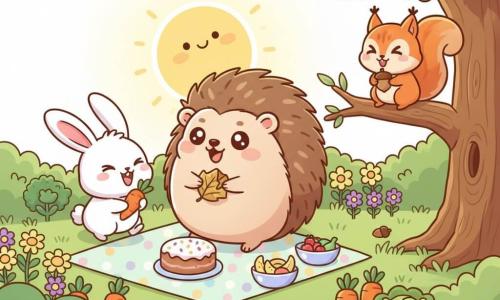 A cute round hedgehog with brown fur and cream spikes smiles as it rolls a crispy leaf; a small white bunny with pink ears laughs holding an orange carrot to its left; a red squirrel with a bushy tail perches on a low branch to the right holding an acorn. Colorful garden with green grass, yellow and purple flowers, carrots and lettuce, gentle sun. Picnic: animals laughing and sharing snacks on a pastel polka-dot cloth, warm bright atmosphere. Chibi kawaii style, vivid colors, rounded shapes, clean outlines, soft textures, centered composition for toddlers.