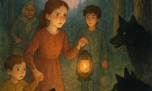 A 12-year-old girl, Elsie, with a determined but slightly trembling face, pale lightning-like eyes and chestnut hair in a ponytail, holds a glass lantern casting a warm glow on her face as she stands upright at the edge of a narrow dirt path through close-set firs, hand gripping the strap; a reassuring 12-year-old boy, Rowan, with messy brown hair, holds another lantern slightly behind her to the right; a worried round-faced boy of about six, Pip, stands to her left holding her hand; an elderly woman, Marta, about 70 with deep wrinkles and a worn scarf, stands by a well with a bucket in the background, stern but relieved; three large thick-furred dark dogs with erect ears bark toward the woods between the villagers and the tree line; a large black wolf with a glossy coat that seems to absorb light, piercing yellow eyes, a thin muzzle and an unsettling smile sits partially hidden between two fir trunks at the forest edge, staring at Elsie; the scene is a calm, tense confrontation at twilight on a mossy, leaf-strewn path lit by glass oil lanterns casting orange halos under a blue-gray sky with a pink band, villagers forming a circle of lanterns around Elsie while the wolf speaks from the shadow, tension visible and strong contrasts between lit areas and deep shadows.
