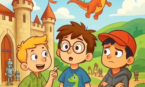 Há 3 personagens: - Lucas: um garoto de 10 anos, com cabelos castanhos bagunçados e óculos redondos. Ele usa uma camiseta azul com um dinossauro e um short vermelho. Está em pé no centro, com os olhos arregalados de curiosidade. - Pedro: um garoto de 9 anos, com cabelos loiros e sardas. Ele veste uma camisa xadrez verde e uma calça bege. Está à esquerda de Lucas, apontando para uma grande porta de madeira do castelo. - Rafael: um garoto de 10 anos, com cabelos negros e um boné vermelho. Ele usa um moletom cinza e jeans. Está à direita de Lucas, com os braços cruzados, mostrando uma expressão preocupada. A cena acontece em um lindo vale medieval, cercado por colinas verdes. Ao longe, um grande castelo de pedra com torres pontudas se ergue sob um céu azul claro, com nuvens brancas. Bandeiras flutuam no topo das torres, e aldeões vestidos à época se movem por caminhos de terra. A situação principal mostra os três amigos, maravilhados e um pouco assustados, descobrindo esse novo mundo. Eles estão diante do castelo, onde cavaleiros em armaduras brilham ao sol, enquanto um dragão colorido voa acima deles, adicionando um toque de magia à sua aventura.