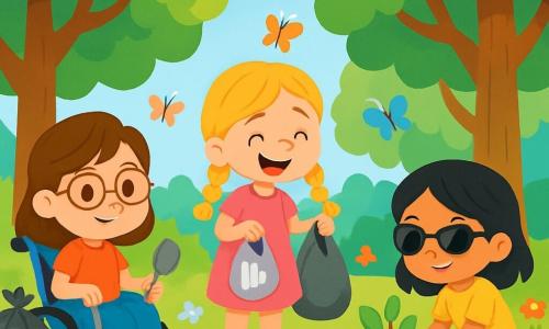 Há 3 personagens: Sofia, uma menina de 8 anos, com cabelos castanhos e óculos, sentada em uma cadeira de rodas, sorridente e determinada, segurando uma pequena pá; Clara, uma menina de 7 anos, com cabelos loiros em tranças e um vestido rosa, em pé ao lado de Sofia, recolhendo lixo com um grande sorriso; e Ana, uma menina de 7 anos, com cabelos negros e óculos de sol, ajoelhada diante de um buraco que ela cavou, pronta para plantar uma jovem árvore. O cenário é uma floresta verdejante, com árvores majestosas, flores coloridas no chão e raios de sol iluminando a cena. As três amigas estão limpando a floresta, recolhendo lixo e plantando árvores, com expressões de alegria e determinação. Sacos de lixo cheios estão ao redor delas, enquanto uma pequena área limpa se destaca, simbolizando seu esforço para salvar a floresta e trazer de volta as borboletas.