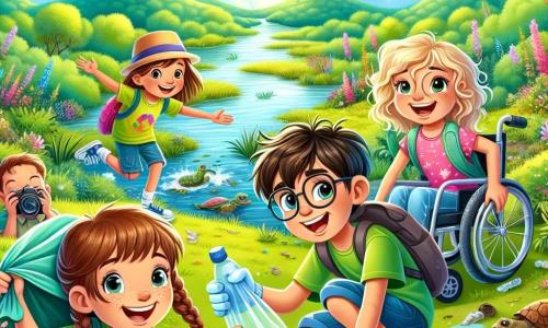 Într-o frumoasă rezervă naturală, cinci copii stau împreună, pregătiți să acționeze pentru ecologie. Andrei, un băiat de 10 ani cu părul brun și un tricou verde, zâmbește entuziast ținând un sac de gunoi. Maria, o fetiță de 9 ani cu părul blond împletit și o rochie colorată, arată o sticlă de plastic pe care a găsit-o, părea îngrijorată. Luca, un băiat de 11 ani cu ochelari și o pălărie de paie, face fotografii cu un aparat de fotografiat, surprinzând frumusețea naturii. Elena, o fetiță de 10 ani cu părul creț și un tricou roz, adună gunoi cu mănuși, hotărâtă să ajute. Radu, un băiat de 10 ani în scaun cu rotile, cu un zâmbet vesel, observă o broască țestoasă în iarbă, fascinat de viața sălbatică. Locul este o rezervă verde, plină de copaci majestuoși, flori strălucitoare și un pârâu sclipitor care șerpuiește prin peisaj. Păsările cântă în crengi, iar fluturii colorați zboară în jurul copiilor. Situația principală arată copiii în acțiune, uniți în misiunea lor de curățare, cu saci de gunoi la picioare și zâmbete pe fețe, ilustrând determinarea lor de a proteja natura.