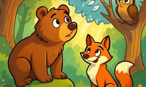 Balduin, ein großer Braunbär mit neugierigen Augen, steht auf einem moosbedeckten Felsen und blickt auf einen majestätischen Baum mit silbernen Blättern, die in der Sonne funkeln. Er wirkt erstaunt und nachdenklich, als hätte er ein wertvolles Geheimnis entdeckt. Neben ihm beobachtet ein listiger Fuchs mit leuchtendem Fell und schelmischem Lächeln aufmerksam Balduin, bereit, seine Weisheit zu teilen. Ein weiser Uhu, der auf einem Ast sitzt, schaut Balduin mit durchdringenden Augen an, seine ernste und aufmerksame Miene scheint auf eine tiefgründige Frage zu warten. Die Szenerie ist eine verzauberte Lichtung, umgeben von großen, knorrigen Bäumen, mit bunten Blumen, die sanft im Wind tanzen. Sonnenstrahlen brechen durch das Laub und schaffen leuchtende Muster auf dem Boden. Die Hauptsituation zeigt Balduin, der den geheimnisvollen silbernen Baum betrachtet, während der Fuchs und der Uhu ihn ermutigen, die verborgenen Wahrheiten des Lebens zu erkunden, was die Suche nach Weisheit und Wissen symbolisiert.